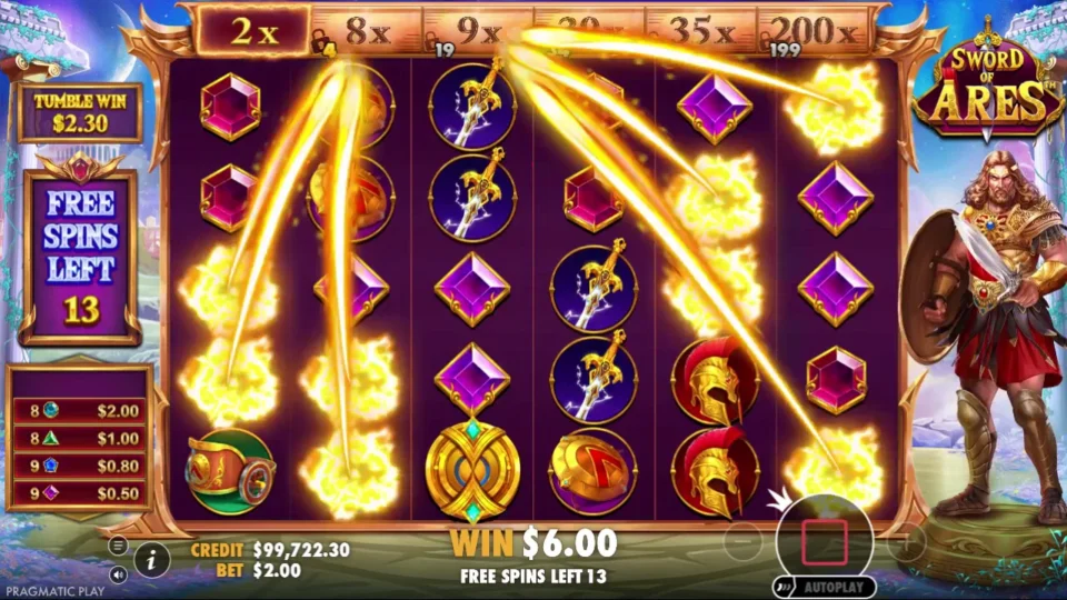 Sword of Ares: Bombs go off in the bought feature, beams clearing symbols into the meter with 13 spins left and the 2x step already lit