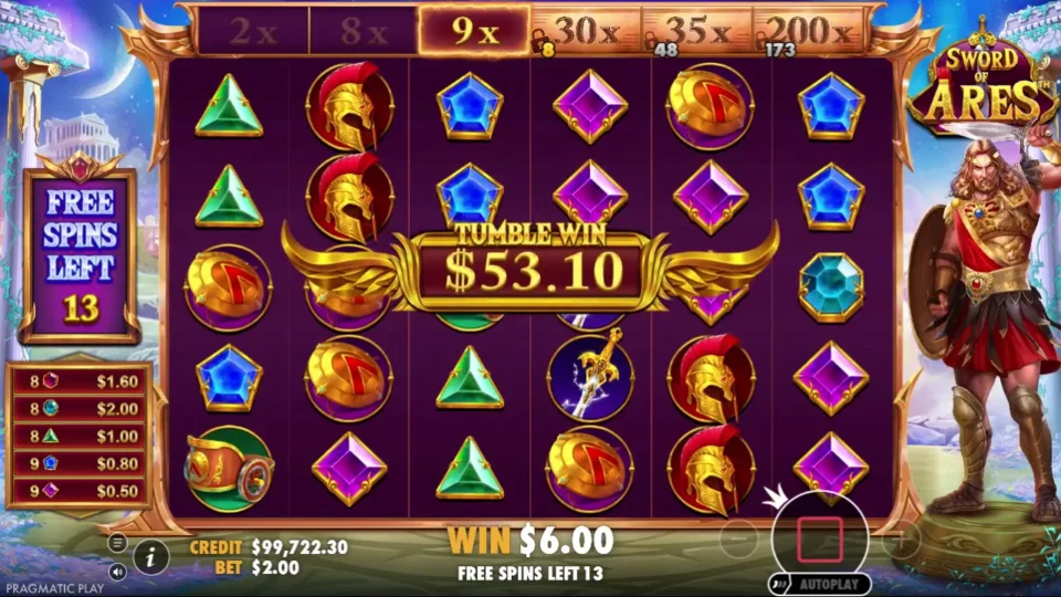 Sword of Ares: The 9x step lights up in the bought feature: a tumble worth USD 53.10 with 13 spins left