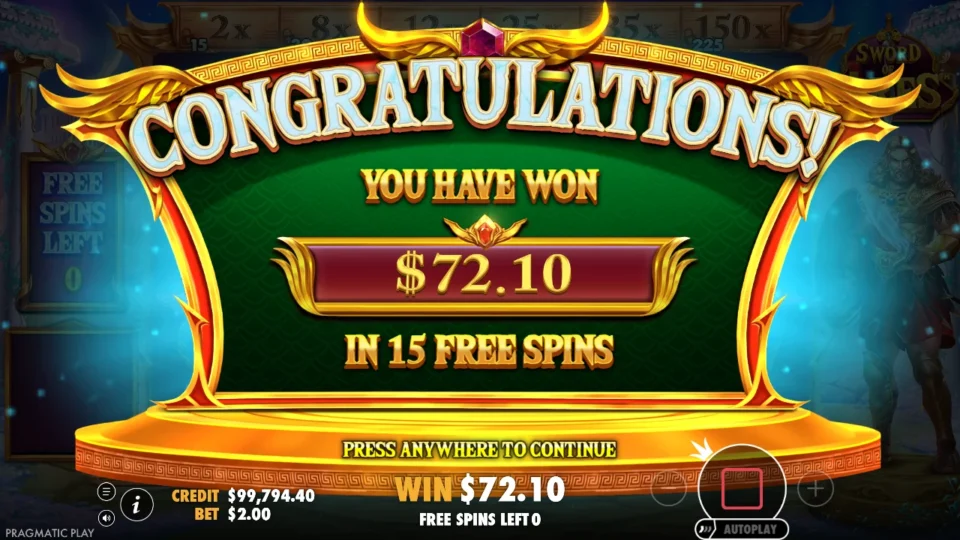 Sword of Ares: Result of the purchased free spins: USD 72.10 in 15 free spins on the USD 200 ticket, balance USD 99,794.40