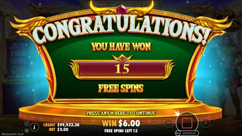 Sword of Ares: Four Scatters in ordinary play open 15 free spins, USD 6.00 on the win line and the balance at USD 99,933.30
