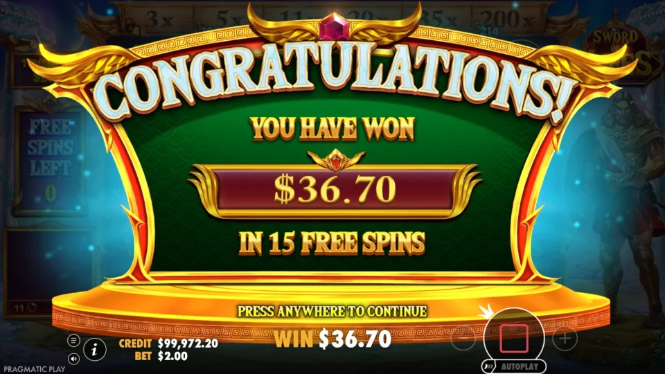 Sword of Ares: A natural feature closes at USD 36.70 in 15 free spins, the six-step ladder behind the sign topped by 200x