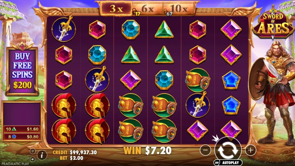 Sword of Ares: First meter step unlocked at 3x after a tumble, 17 symbols to the 6x step, USD 7.20 on the win line