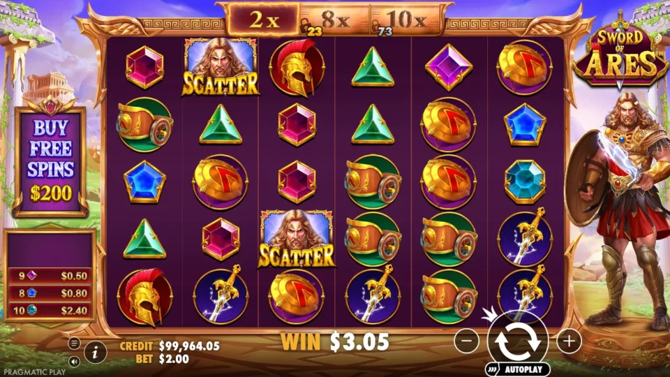 Sword of Ares: Two Scatters on the reels, two short of the feature, the 2x step lit and USD 3.05 on the win line