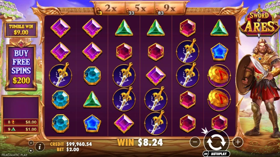 Sword of Ares: A tumble worth USD 9.00 from eight Shields and nine Green Triangles, three symbols short of the 2x step, USD 8.24 on the win line