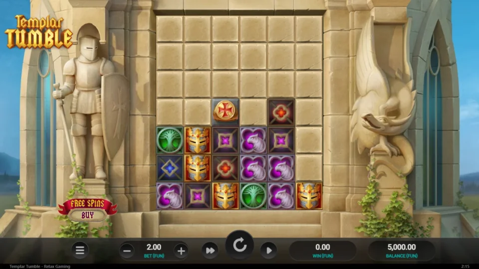 Templar Tumble: Grid at load: 21 stone blockers over the six reels at FUN 2.00, a Templar ring and a red quatrefoil already uncovered in the middle rows