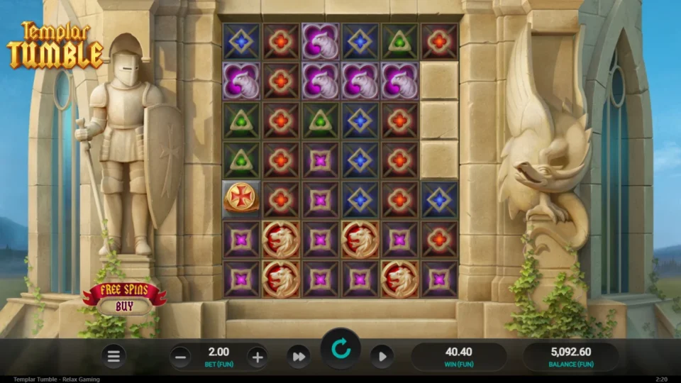 Templar Tumble: Ordinary round worth 40.40: three lion crests along the bottom and a row of griffins above the blockers