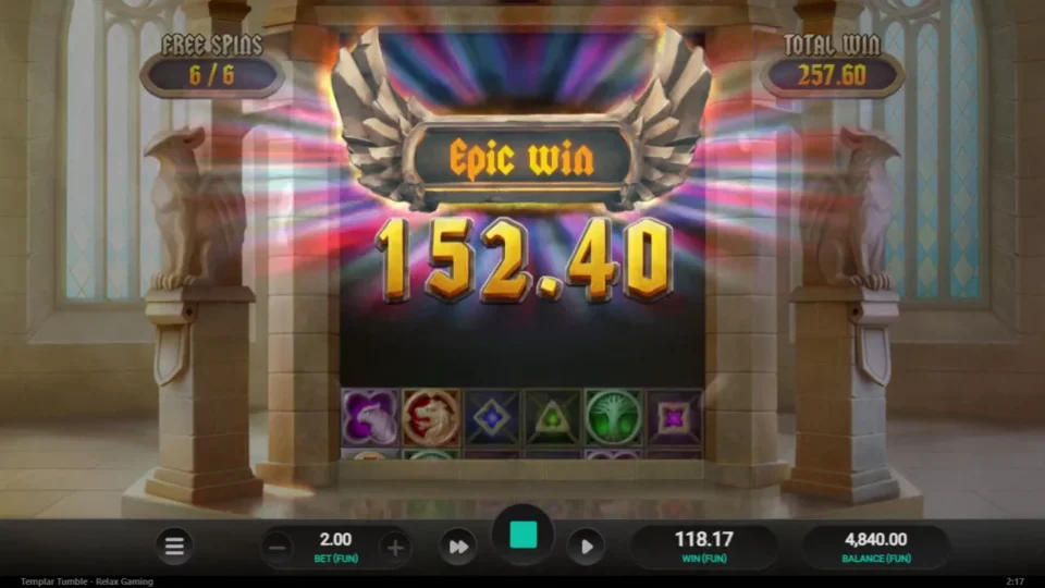 Templar Tumble: Epic Win banner at 152.40 during the last spin, total 257.60 on the sign