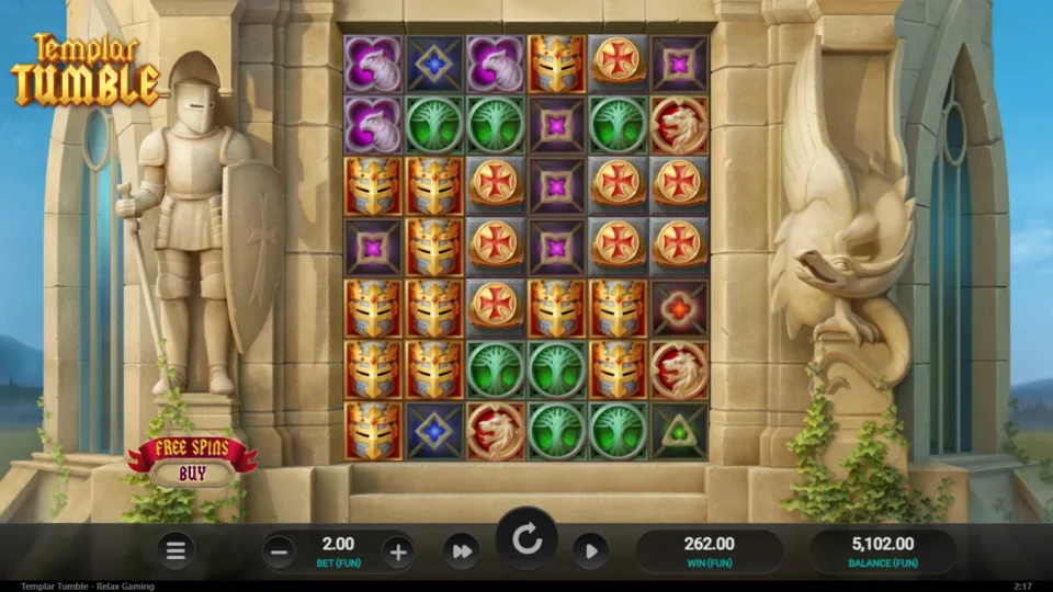 Templar Tumble: Result of the purchased free spins: 262.00 on the win counter, balance 5,102.00 on the base screen