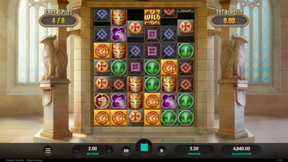 Templar Tumble: Spin 4 of 6: a Wild has fallen in and orange mystery symbols wait for the reveal, 3.20 on the counter