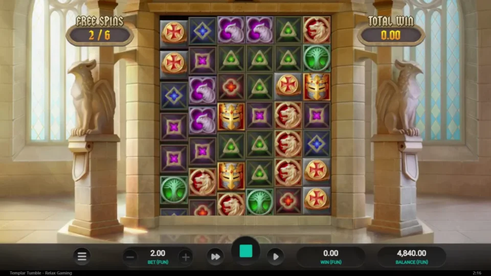 Templar Tumble: Spin 2 of 6 on a grid with no blockers, total win still 0.00