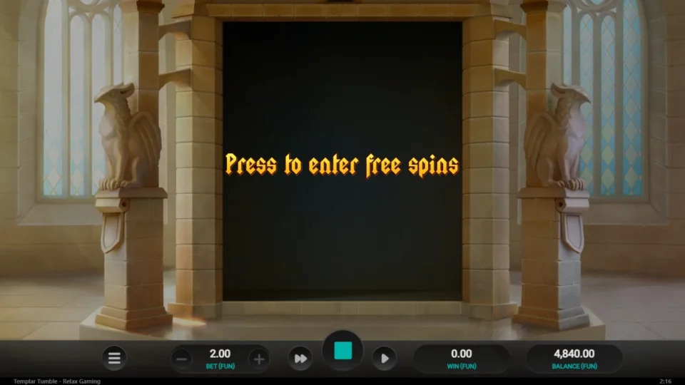 Templar Tumble: Press to enter free spins: the dark doorway between two griffins after the FUN 160 purchase