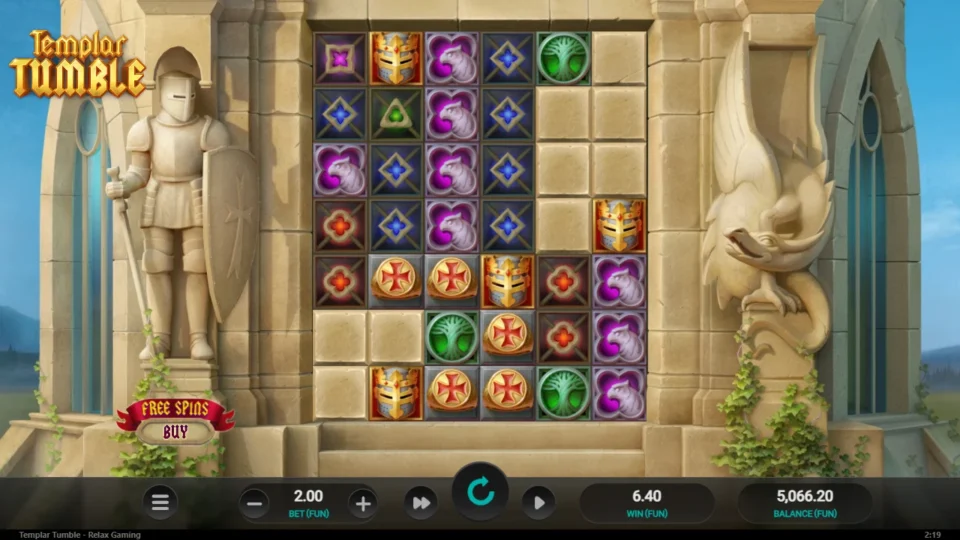 Templar Tumble: Ordinary win of 6.40 at FUN 2.00: rings, helmets and trees in the lower rows, blockers still filling the top right