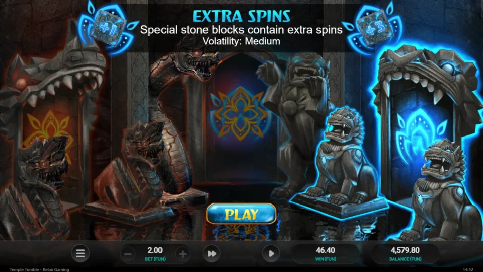 Temple Tumble: Extra Spins selected after natural entry; the game labels this choice Medium volatility