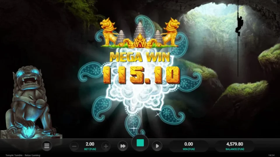 Temple Tumble: Extra Spins result: FUN 115.10 total, including FUN 46.40 in triggering cascades and FUN 68.70 in twelve free spins