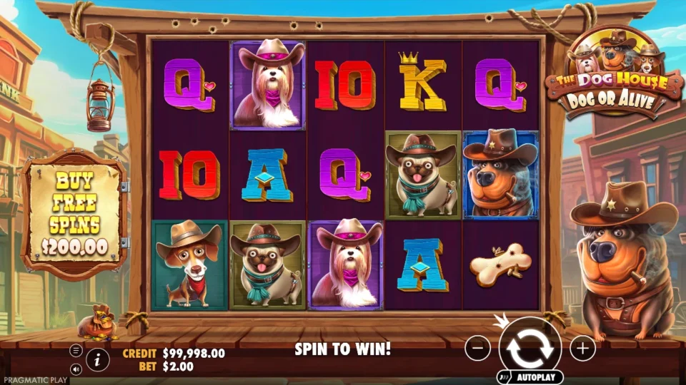The Dog House Dog Or Alive: English base game at USD 2 per spin, with twenty paylines