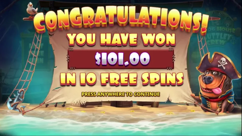 The Dog House Muttley Crew: Purchased round result in the separate media session: USD 101 returned, including USD 4 at entry and USD 97 from 10 free spins.