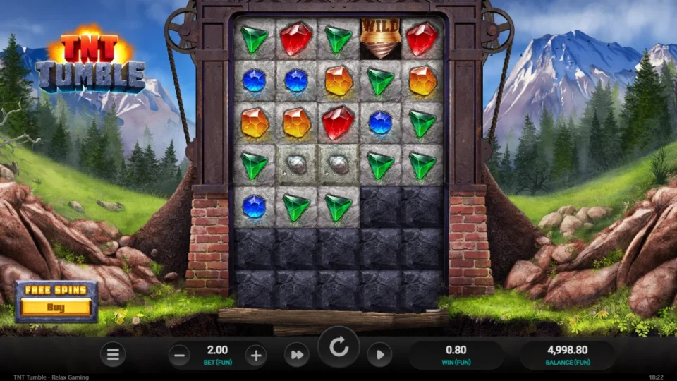 TNT Tumble: The mine shaft at FUN 2: four rows of gems above the dark stone wall, a TNT stick in the bottom row, FUN 0.80 on the meter
