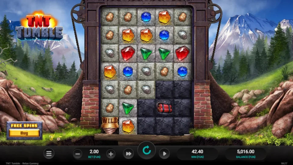 TNT Tumble: FUN 42.40 from ordinary play with a Wild in the bottom-left corner and a TNT stick still buried