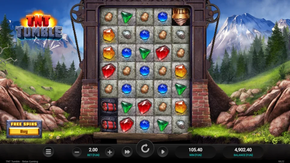TNT Tumble: Result of the recorded free spins: FUN 105.40 on the win meter, balance FUN 4,902.40