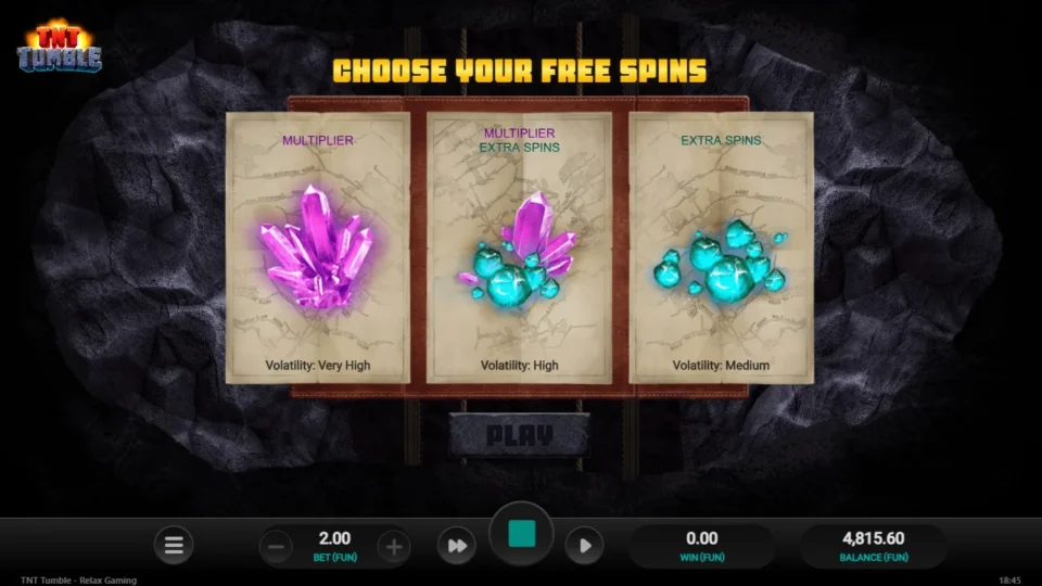 TNT Tumble: Choose your free spins: Multiplier at very high volatility, the mixed mode at high, Extra Spins at medium; the lab took Multiplier