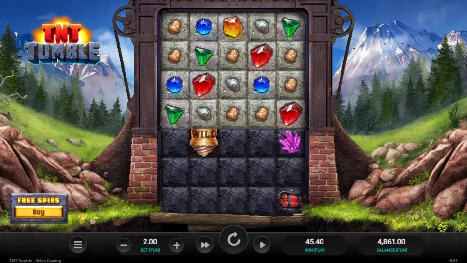 TNT Tumble: Second natural bonus of the media session closes at FUN 45.40, a Wild and a crystal block left in the wall