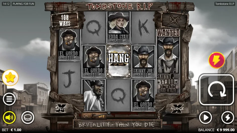 Tombstone R.I.P: Demo base game at a EUR 1.00 bet on 108 ways with a Hang 'em High Scatter on reel three