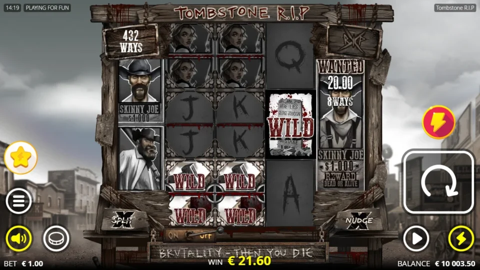 Tombstone R.I.P: Split Wilds on the reels during a EUR 21.60 win