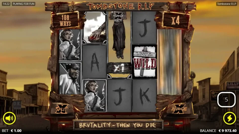Tombstone R.I.P: Hang 'em High at x4 with an xNudge Wild and a Wild on the reels, 5 spins left