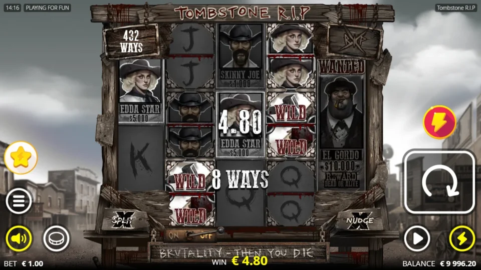 Tombstone R.I.P: EUR 4.80 win on 8 ways with split Wilds