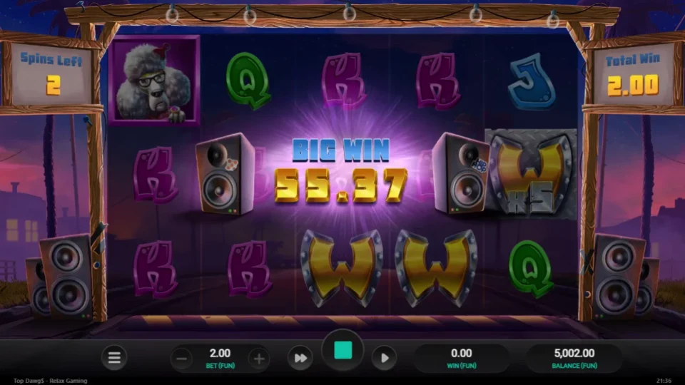 Top Dawg$: Big win of 55.37 with two spins left: a x5 Wild on reel five and two more Wilds locked below it