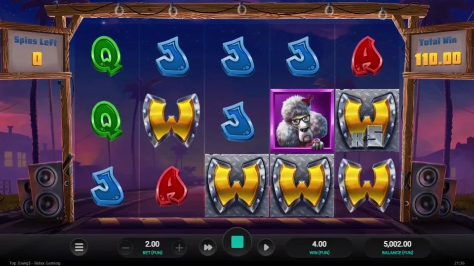 Top Dawg$: Last free spin done, total 110.00 on the sign, five sticky Wilds still on the reels, one of them x5