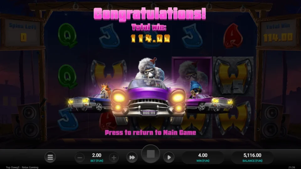 Top Dawg$: Result of the recorded free spins: FUN 114.00 for the round, balance FUN 5,116.00
