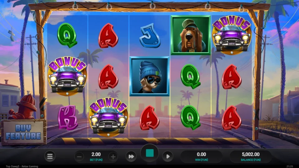 Top Dawg$: Three Bonus cars on reels one, two and five open the free spins on media spin 29