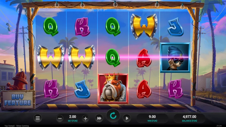Top Dawg$: Two Wilds and a Queen line up with an Ace and the beanie pup for FUN 9.00 across the middle row