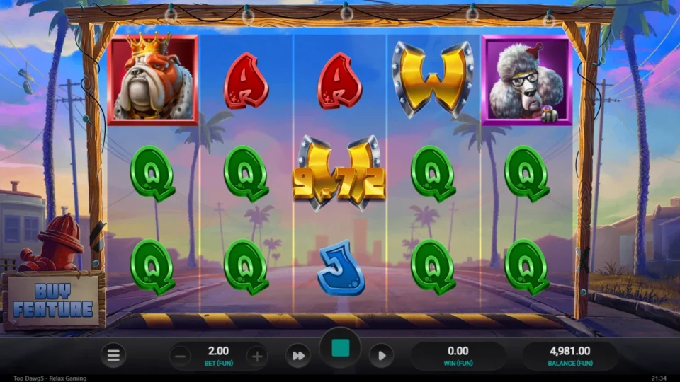 Top Dawg$: A screen of Queens with a Wild in the centre and a 9.72 win counting up