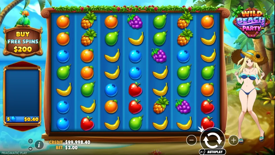 Wild Beach Party: A small blueberry payout sits beside the USD 2 demo controls
