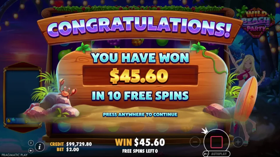 Wild Beach Party: The purchased bonus result closes at USD 45.60 after 10 free spins