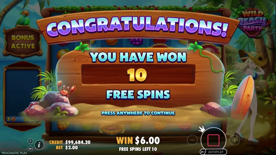 Wild Beach Party: The 10 free spins award opens with USD 6 already on WIN