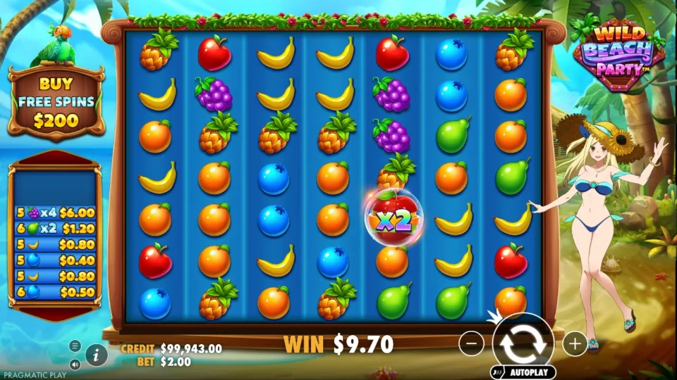 Wild Beach Party: The USD 9.70 win includes a 4x grape payment and a 2x pear payment