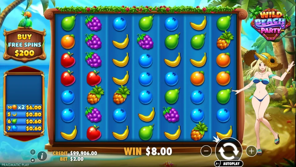 Wild Beach Party: Ten oranges at 2x account for USD 6 of this ordinary payout