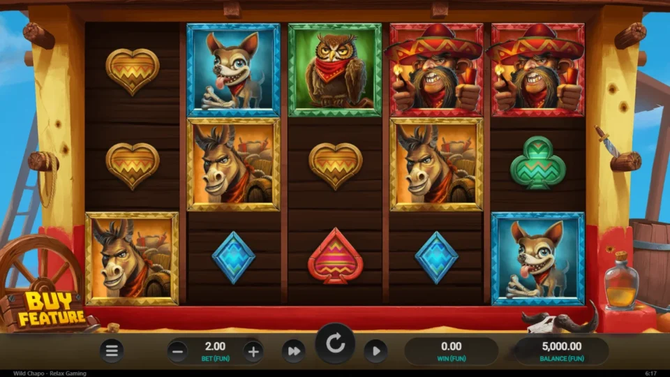 Wild Chapo: Idle 5x3 board at FUN 2: two Chapos side by side on reels four and five, hearts stacked on reel one