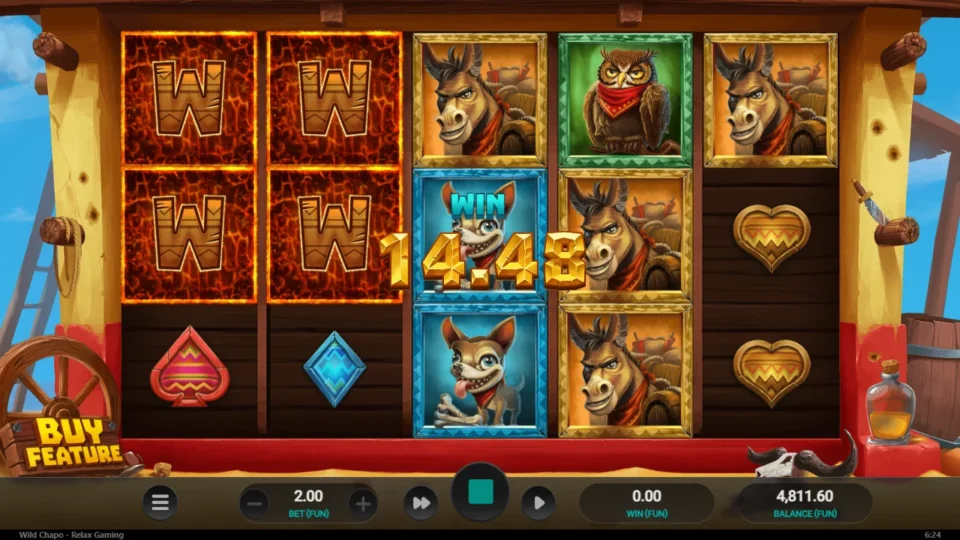 Wild Chapo: FUN 14.48 on the counter while a colossal 2x2 Wild fills reels one and two
