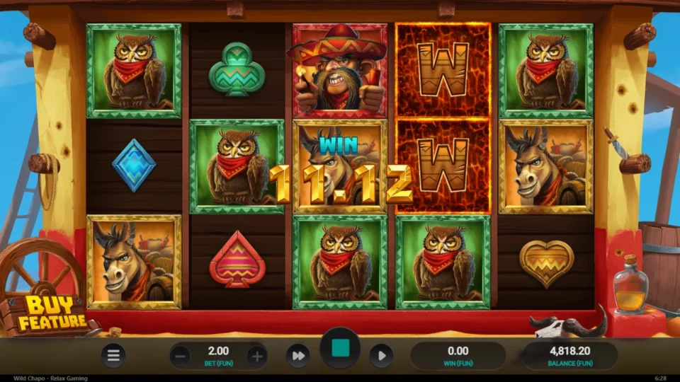 Wild Chapo: TNT crate expanded into two Wilds on reel four, FUN 11.12 on the counter
