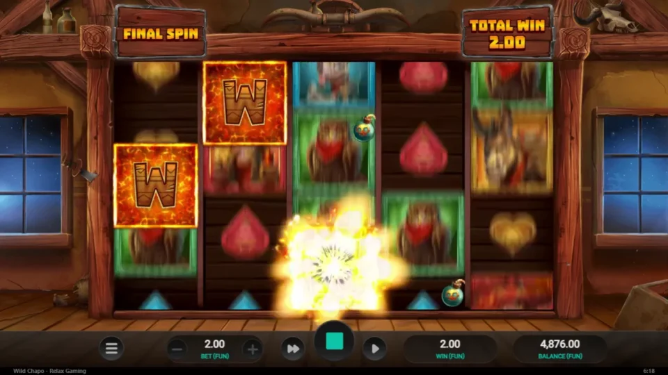 Wild Chapo: Final spin: the stored Bonus symbols blow up into Wilds one position at a time