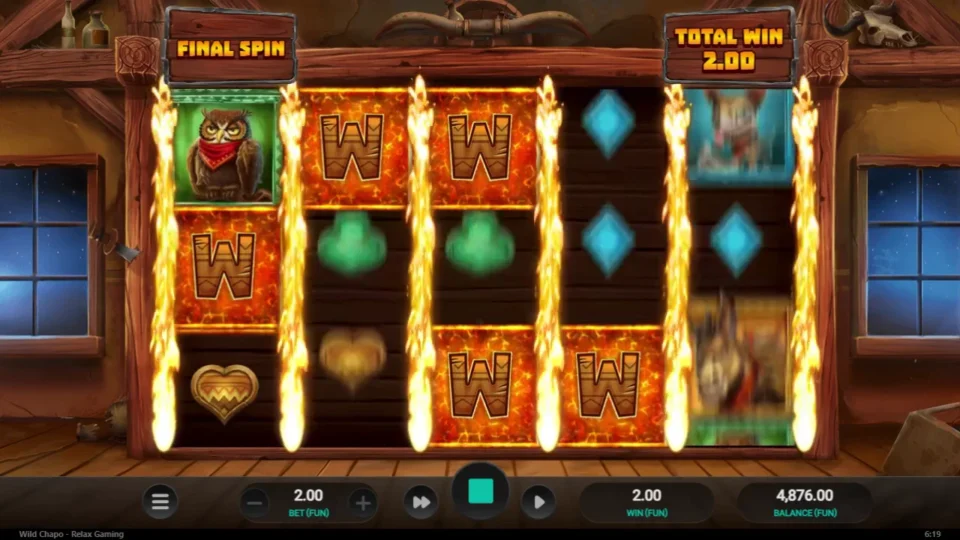 Wild Chapo: Fire columns sweep the reels as the final-spin Wilds settle into place