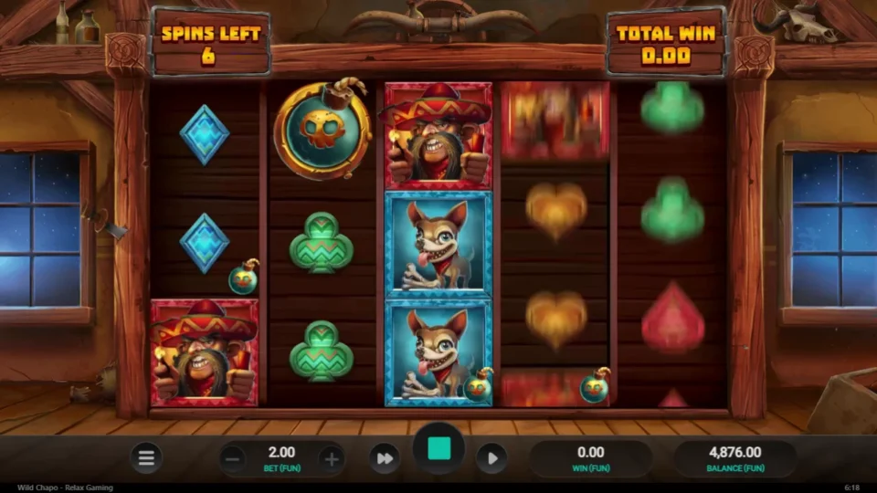 Wild Chapo: Six spins left, nothing won yet, and a fourth Bonus skull already stored on reel one