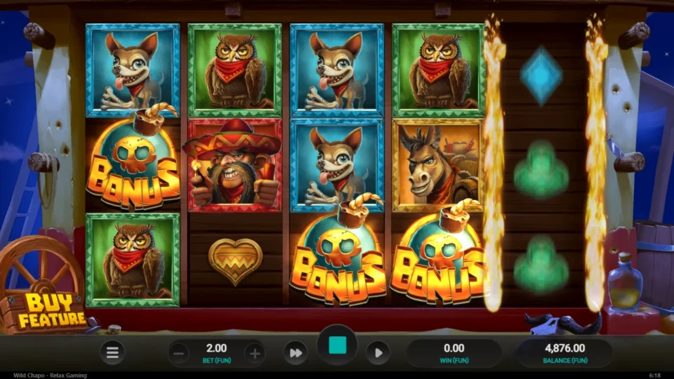Wild Chapo: Bought feature: three Bonus skulls land while reel five is still burning