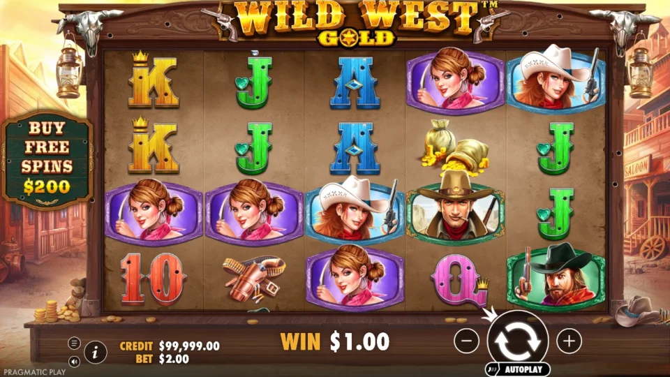 Wild West Gold: The original five-reel layout at a USD 2 stake.