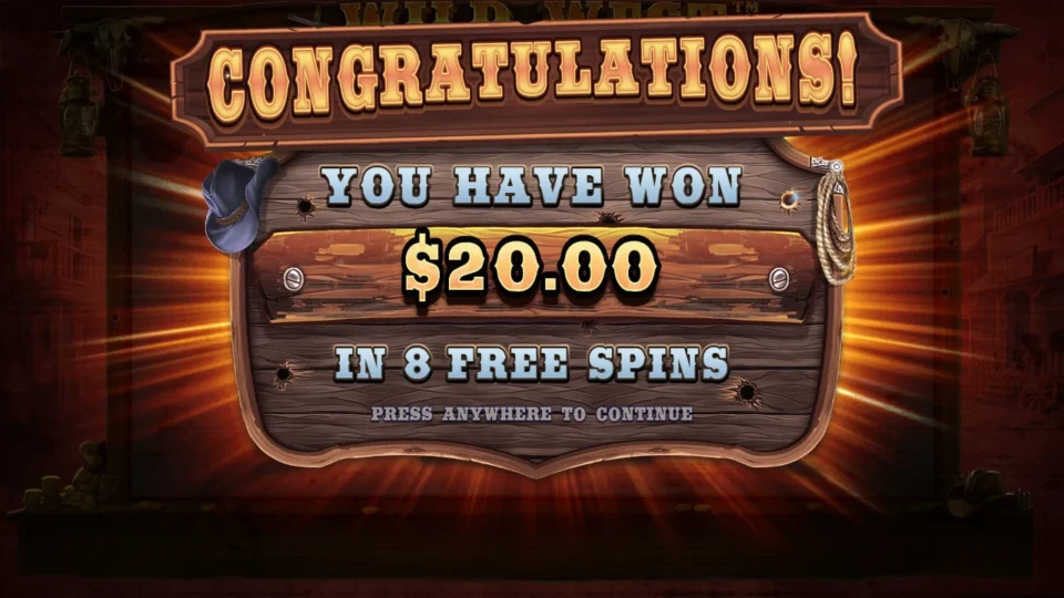 Wild West Gold: Purchased free spins result: USD 20 returned in eight spins.