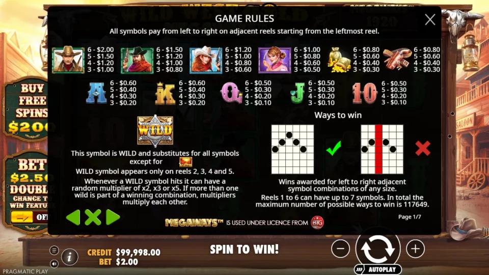 Wild West Gold Megaways rules, page 1